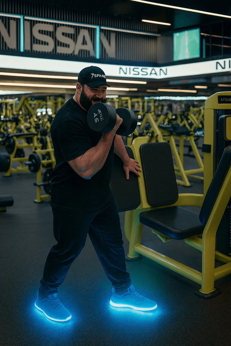 Person lifting weights in a gym with 'Nissan' branding in the background
