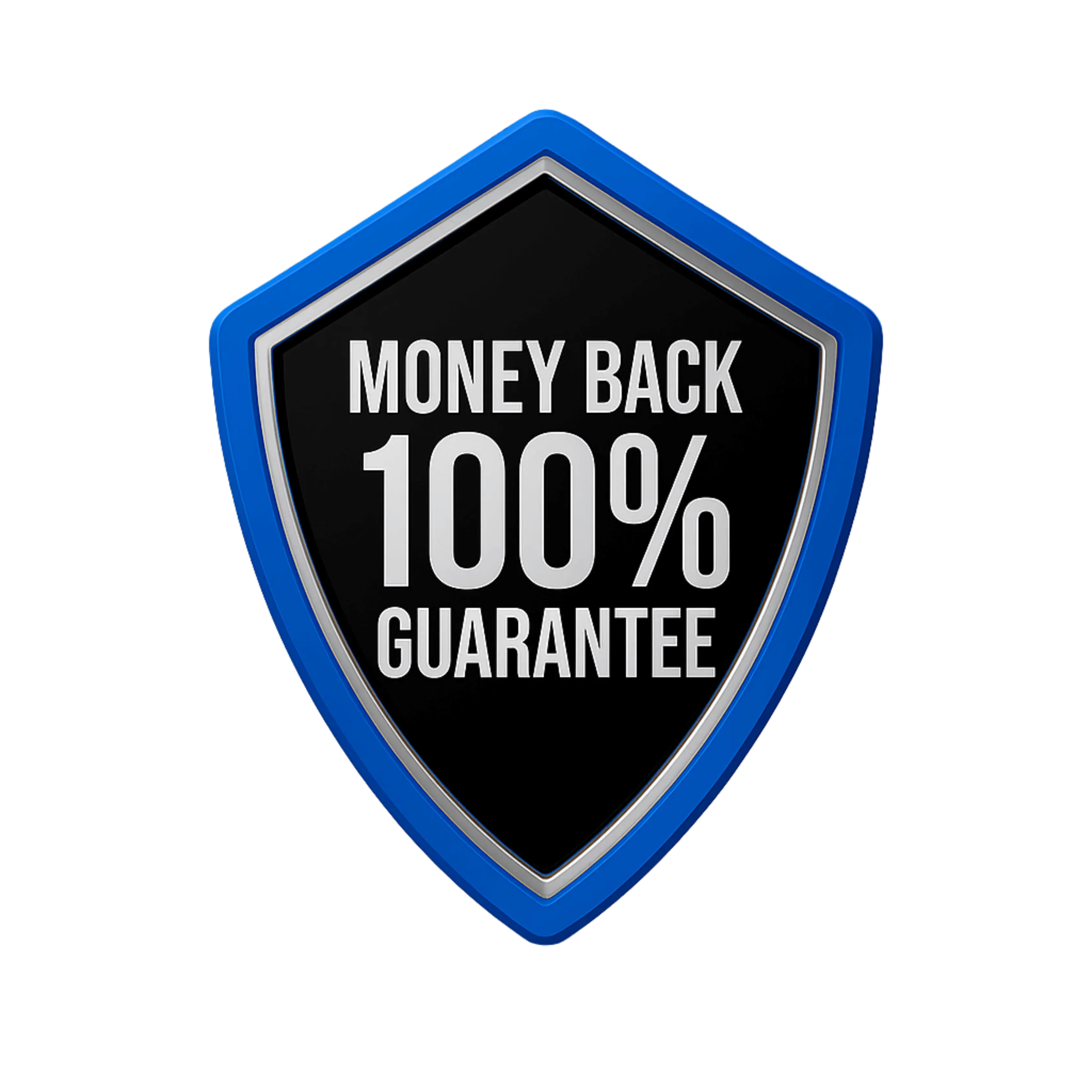Shield-shaped logo with 'Money Back 100% Guarantee' text on a black background