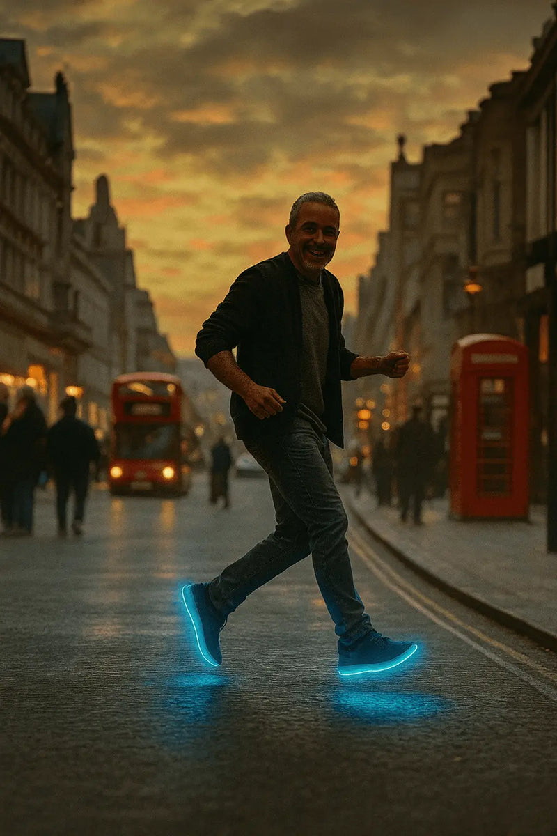 Person walking on a city street at sunset with glowing shoes