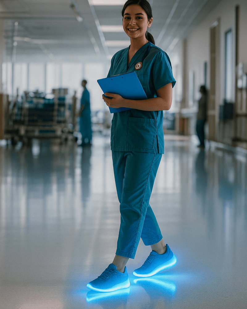 Person in teal scrubs with glowing blue shoes in a hospital setting، she wears comfortable Softy Steps shoe insoles.