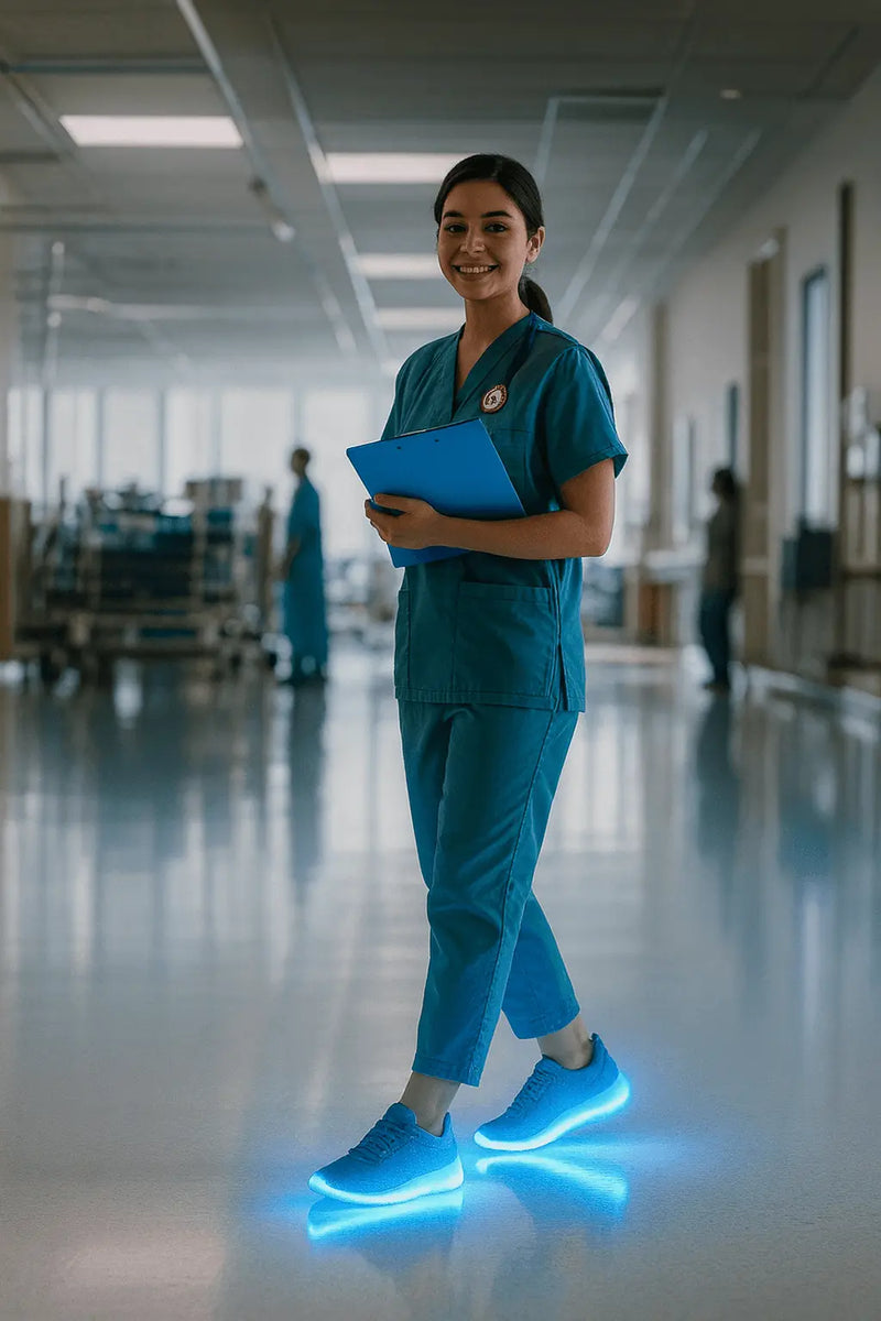 Nurse in teal scrubs holding a blue folder in a hospital hallway