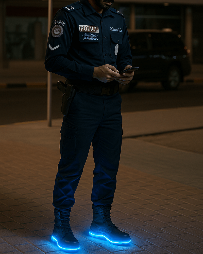 Police officer in uniform with glowing blue shoes standing on a street at night He wears comfortable Softy Steps shoe insoles.