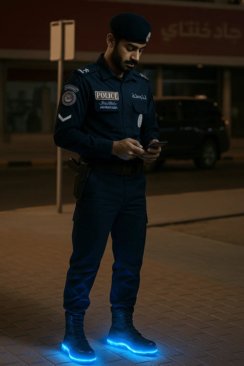Police officer in uniform standing on a street at night, using a phone.