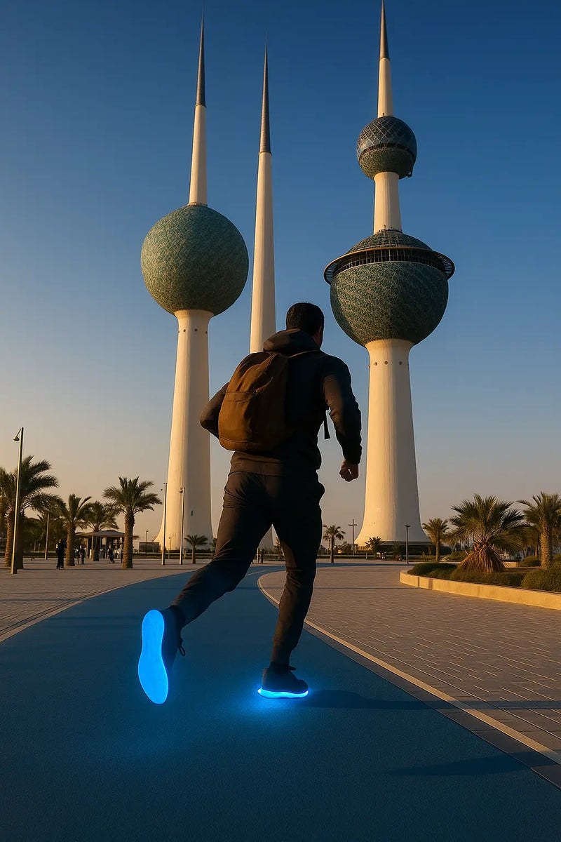 Person with glowing shoes in front of the Kuwait Towers at sunset