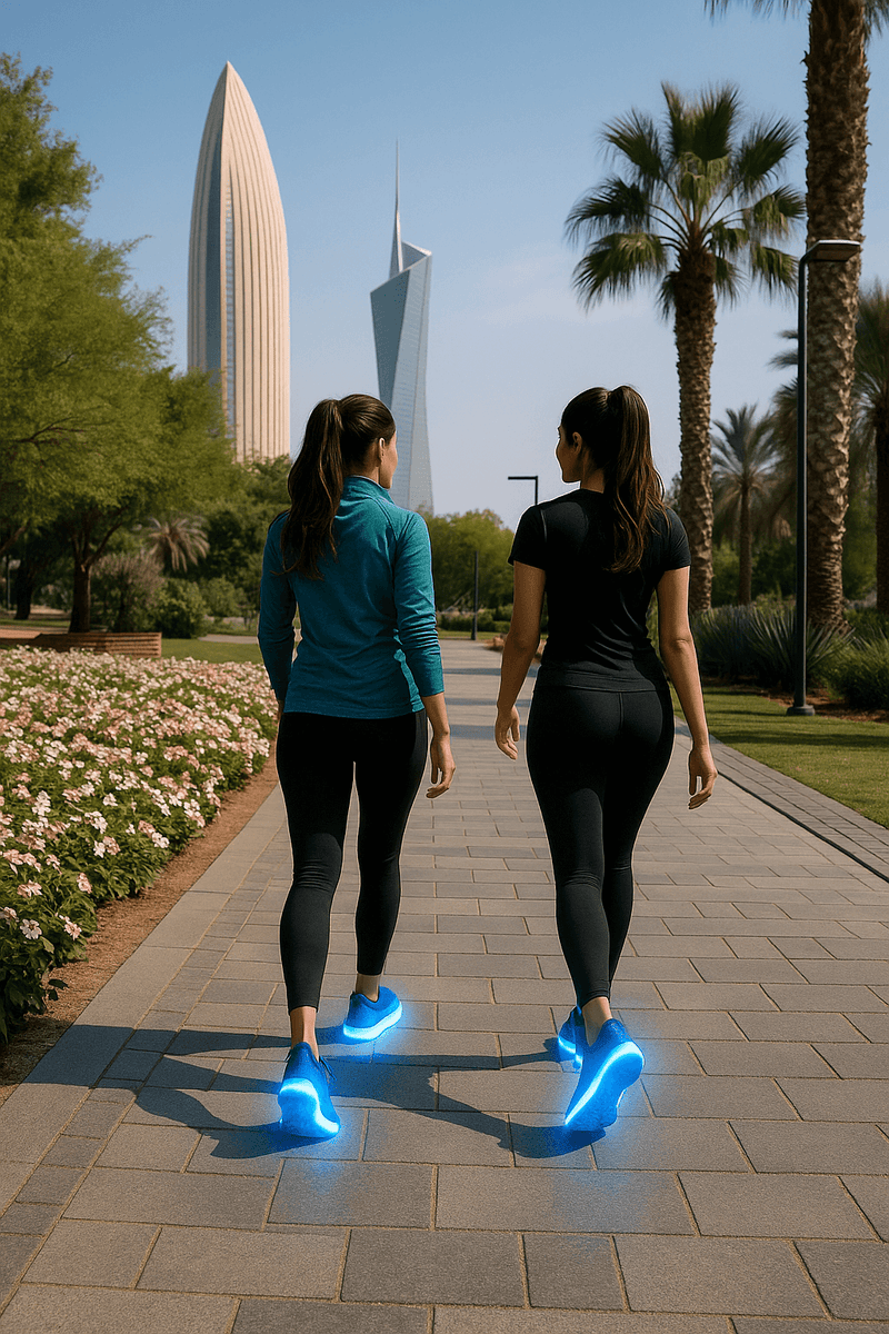 Two women walking on a path with illuminated shoes, palm trees, and modern buildings in the background , She wears comfortable Softy Steps shoe insoles.