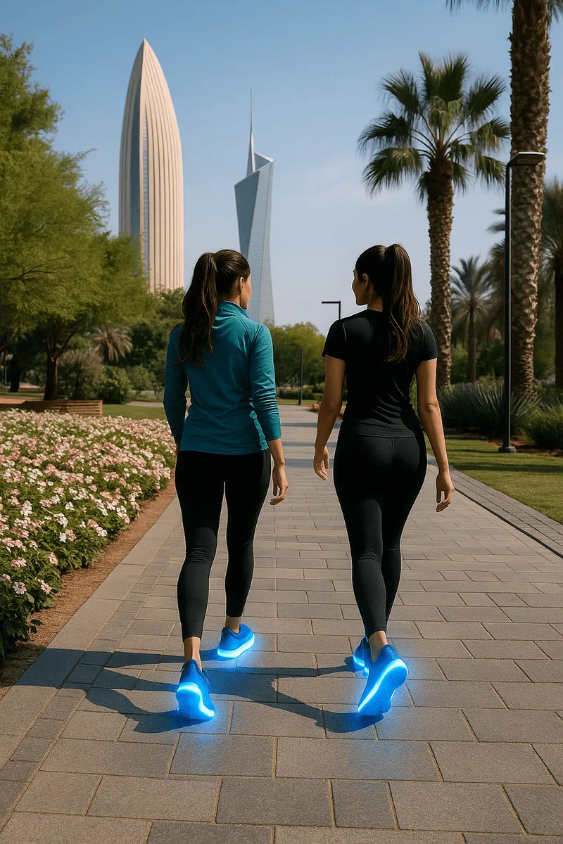 Two women walking on a path with modern skyscrapers and palm trees in the background.